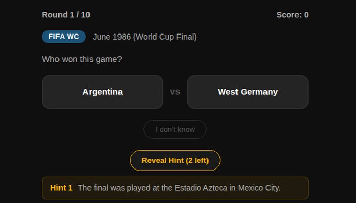 A Guess The Final round: Argentina vs West Germany with a hint revealed