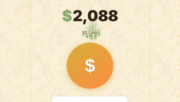 Idle tap screen with a gold coin button and floating earnings